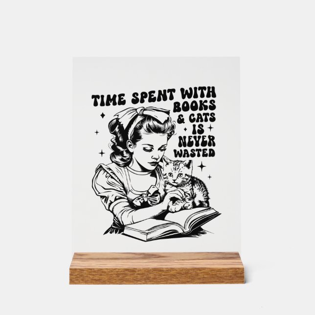 Retro lady book amoureux des chats mot art (Recto)