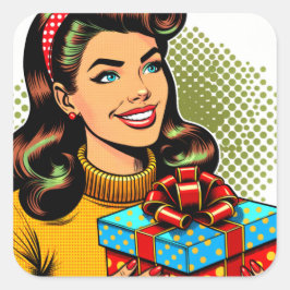 Retro Lady Holding a Birthday Present Quadratischer Aufkleber