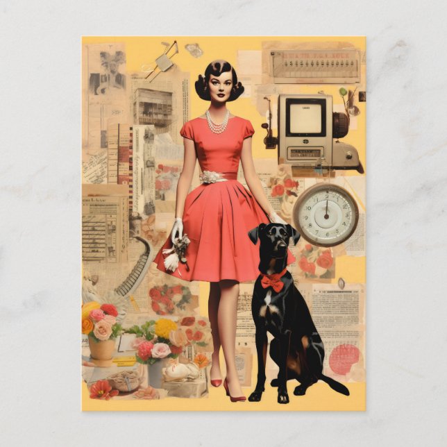 Retro Lady mit schwarzem Hund Collage Postkarte (Vorderseite)