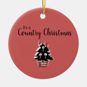 Retro Landweihnachten Rot und Beige Keramik Ornament