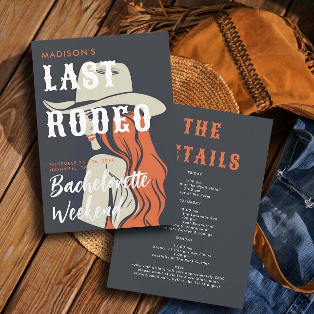 Retro Last Rodeo Ink Black Itinerary Bacheloretto Einladung (last rodeo bachelorette weekend invitation itinerary retro vintage elegant glam black orange art )