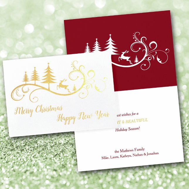 Retro Leaping Dei on Red Christmas Folienkarte (Von Creator hochgeladen)