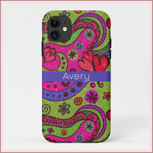 Retro Lebhafte Herzen und Blume farbenfroh Case-Mate iPhone Hülle