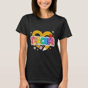 Retro-Lehrer-Herz-Bleistift Bunte Groovy-Schule T-Shirt