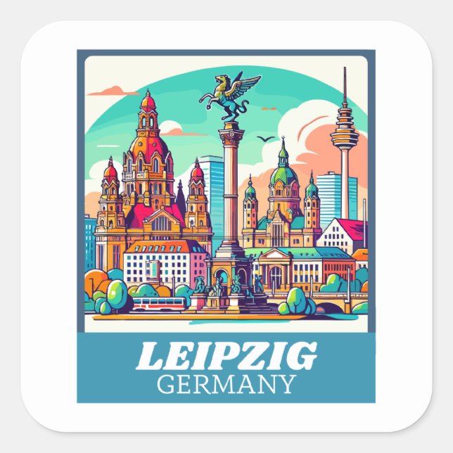 Retro Leipzig Skyline Quadratischer Aufkleber (Vorderseite)