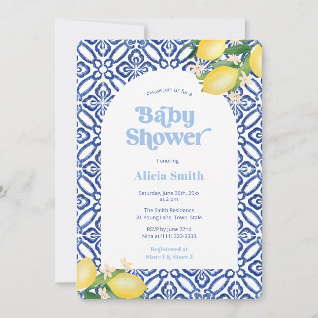Retro Lemons Blue Tiles Boy Baby Duschkabine Party Einladung (Vorderseite)