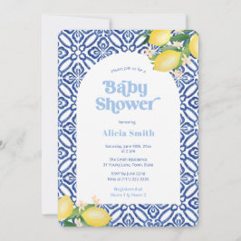 Retro Lemons Blue Tiles Boy Baby Duschkabine Party Einladung