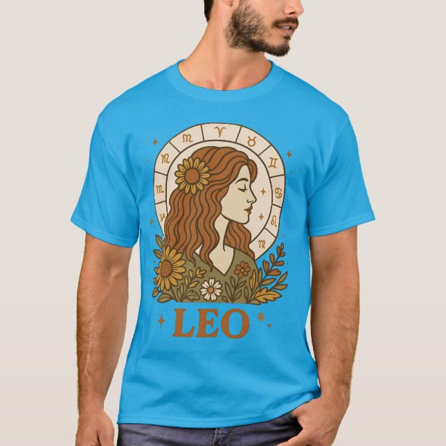 Retro Leo Zodiac Boho Blumenastrologie T-Shirt (Vorderseite)