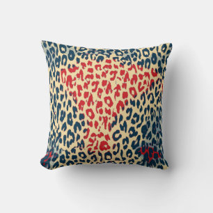 Retro Leopard Print Skin (rot, blau, Kornseide) Kissen