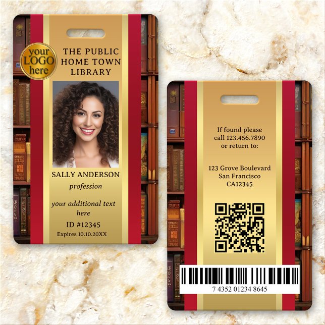 Retro Library Books Employee Photo ID Badge Ausweis (Elegant retro library photo ID badge with space for your custom photo and logo)