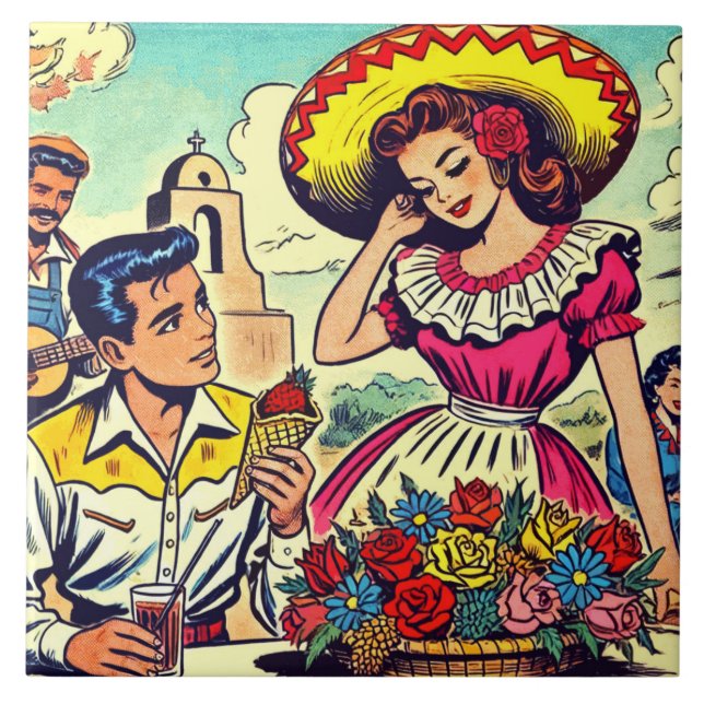 Retro Liebe Couple Comic Fliese (Vorderseite)