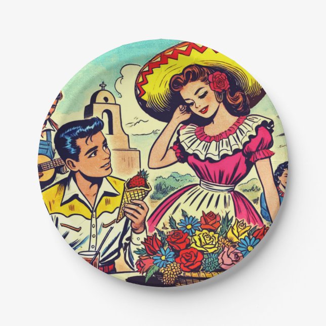 Retro Liebe Couple Comic Pappteller (Vorderseite)