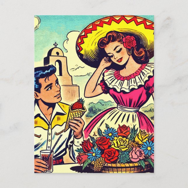 Retro Liebe Couple Comic Postkarte (Vorderseite)