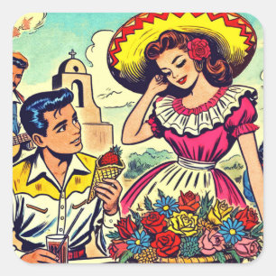 Retro Liebe Couple Comic Quadratischer Aufkleber