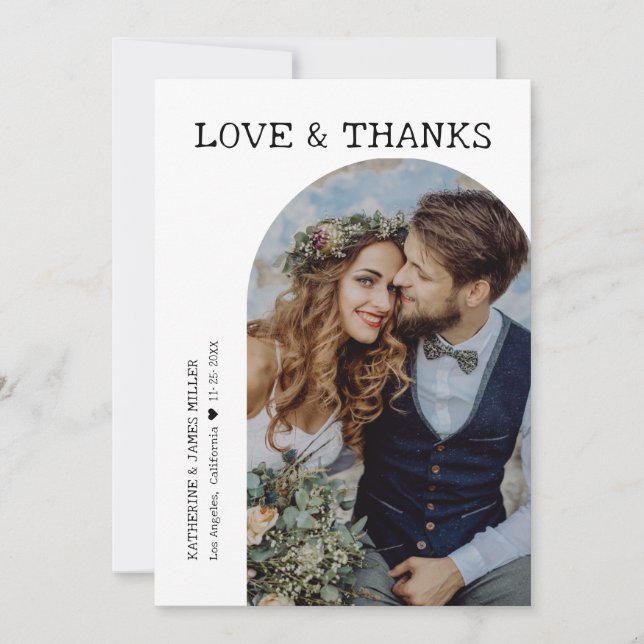 Retro Liebe und Dank White Arch 2 Foto Hochzeit Dankeskarte (Vorderseite)