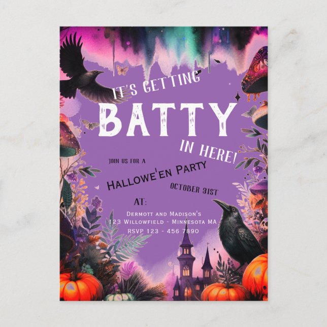 Retro Lila Crow Hallowe'en Party Postkarte (Vorderseite)