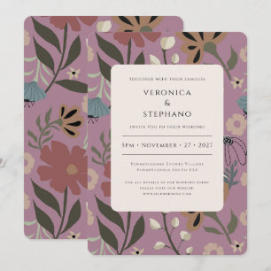Retro lila, grün, braun floral, Hochzeit Einladung