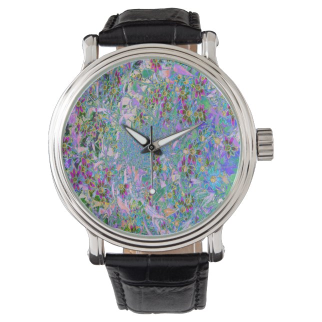 Retro-Lila, grüne und blaue Wildblumen auf Rosa Armbanduhr (Vorderseite)