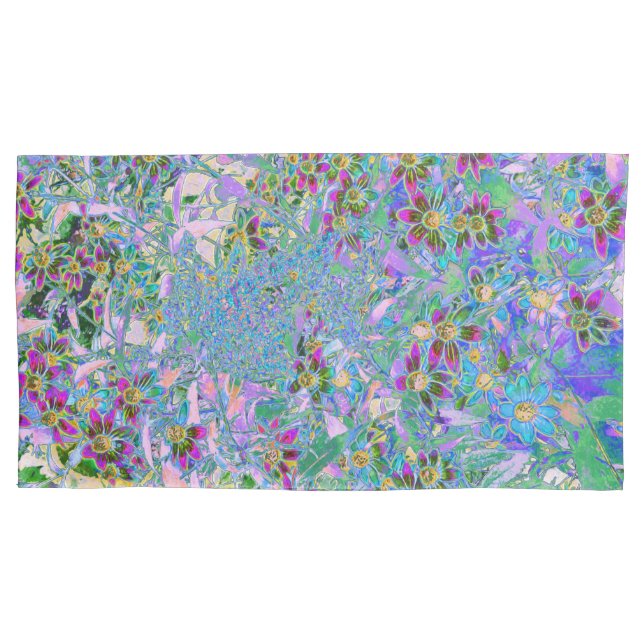 Retro-Lila, grüne und blaue Wildblumen auf Rosa Kissenbezug (Vorderseite-Links)