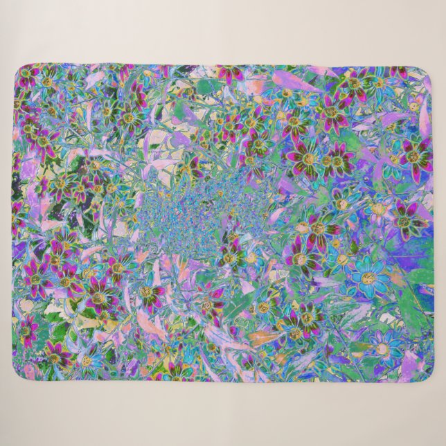 Retro-Lila, grüne und blaue Wildblumen auf Rosa Sherpadecke (Vorderseite (Horizontal))