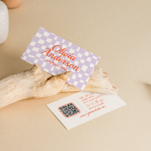 Retro Lila Handgezeichnetes Kariertes Groovy QR Co Visitenkarte