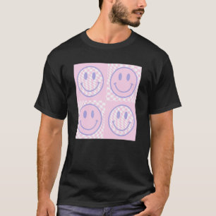 Retro Lila Happy Face Checkered Pattern Trendy T-Shirt
