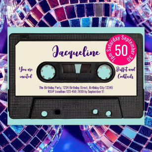 Retro Lila Music Cassette Mix Tape 50. Geburtstag Einladung
