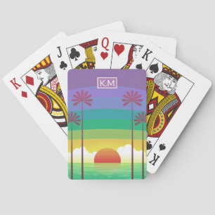 Retro-Lila-Sonnenuntergang-Palmen-Kunst-Monogramm Spielkarten