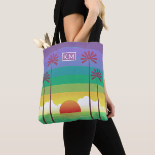 Retro-Lila-Sonnenuntergang-Palmen-Kunst-Monogramm Tasche