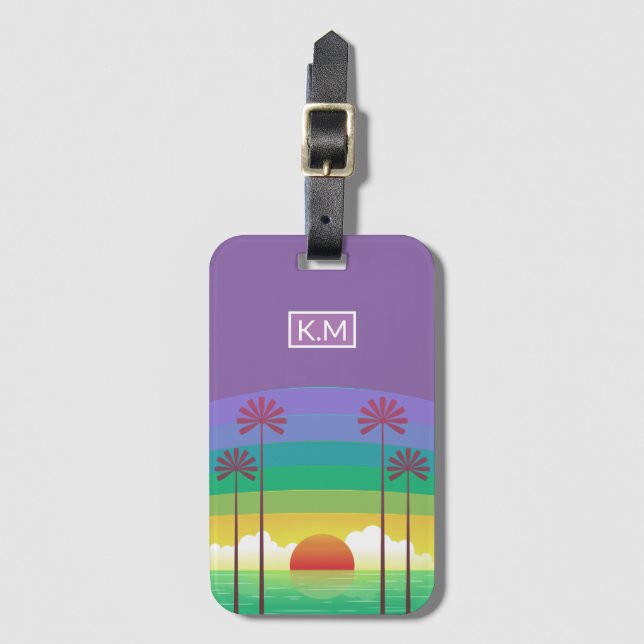 Retro Lila Sunset Palm Trees Art Monogramm Gepäckanhänger (Vorderseite Vertikal)