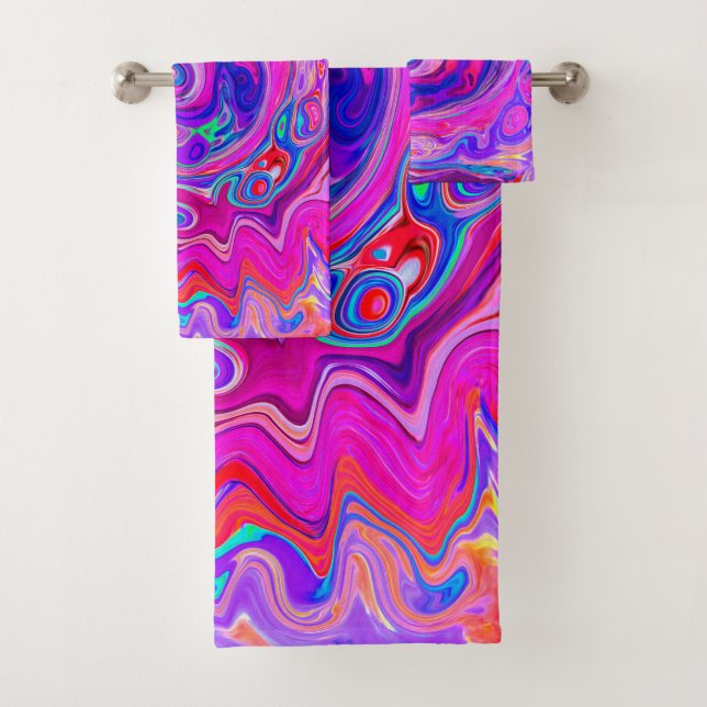 Retro Lila und Orange Abstrakt Groovy Swirl Badhandtuch Set (Insitu)