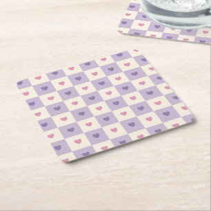 Retro-Lila- und Rosa-Schachbrett-Herzen-Papierunte Rechteckiger Pappuntersetzer