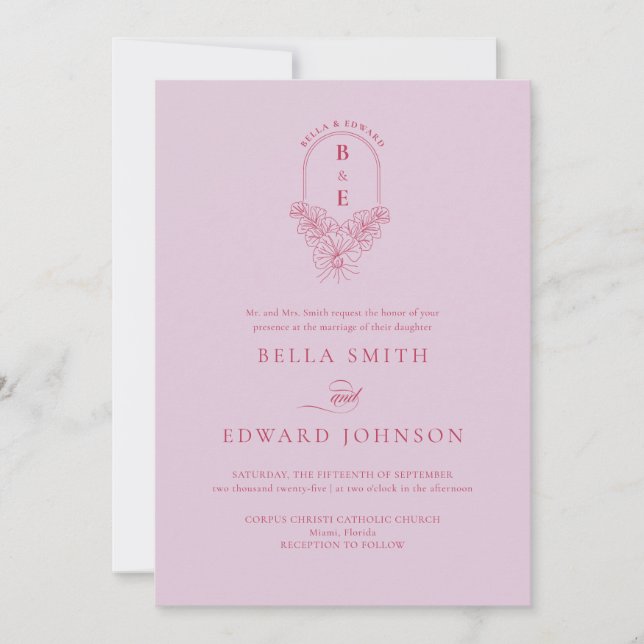 Retro Lilac Magenta Floral Monogram Wappen Wedding Einladung (Vorderseite)