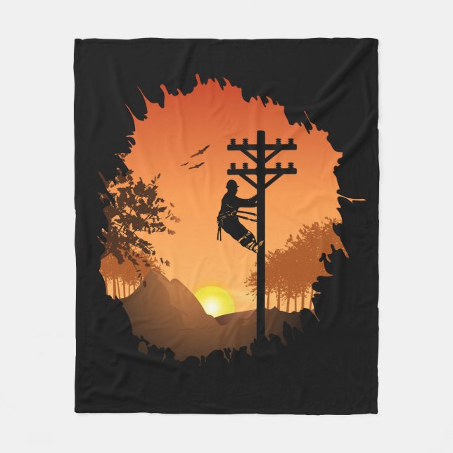 Retro Lineman Sunset Pater Electric Cable Lineman Fleecedecke (Vorderseite)