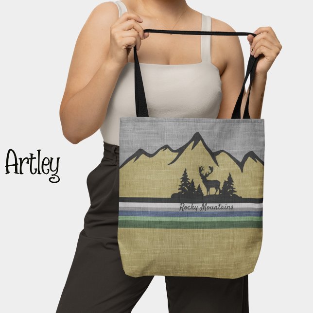 Retro Linen Texture Nature Mountain Scene Deer Tasche (Von Creator hochgeladen)