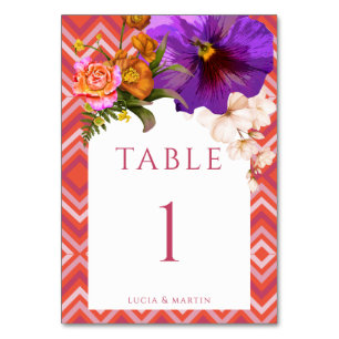 Retro Lines Floral Fuchsia Monogram Wedding Tischnummer