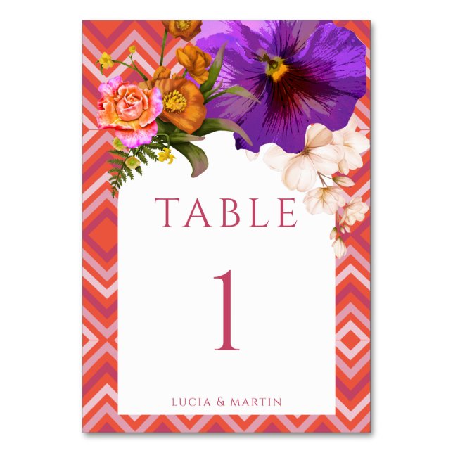 Retro Lines Floral Fuchsia Monogram Wedding Tischnummer (Vorderseite)