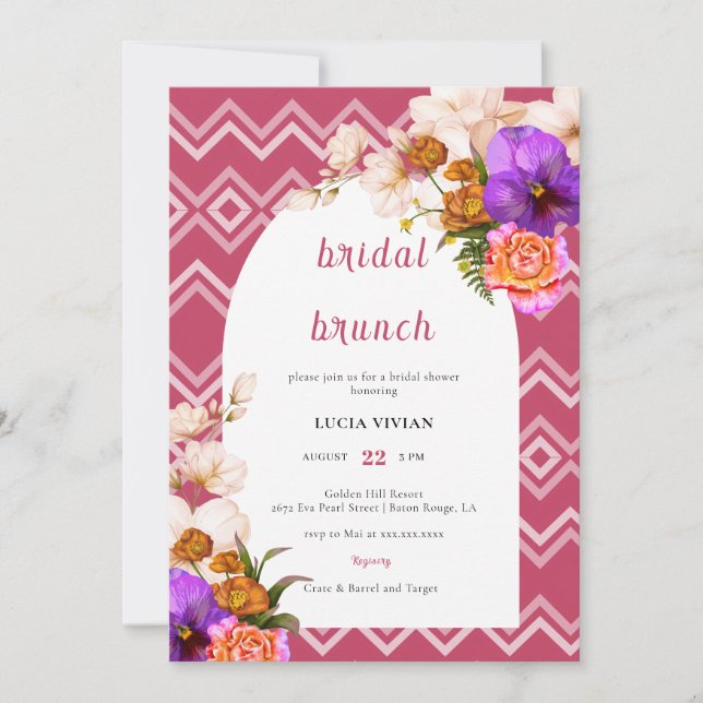 Retro Lines Floral Magenta Fuchsia Bridal Brunch Einladung (Vorderseite)