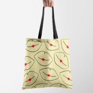 Retro-Linienkunst-Lippen & Herzen Sonnengelb Tasche