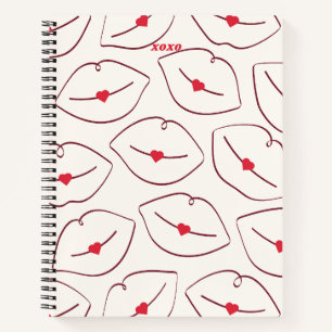 Retro-Linienkunst-Lippen- und Herz-Muster Kirschro Notizbuch