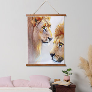 Retro Lions Kunst, Dichtung und Musik Wandteppich Mit Holzrahmen