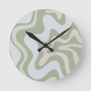 Retro Liquid Swirl Abstract Pattern in Sage Green Runde Wanduhr