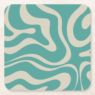 Retro Liquid Swirl Abstraktes Muster Aquamarin Bei Rechteckiger Pappuntersetzer