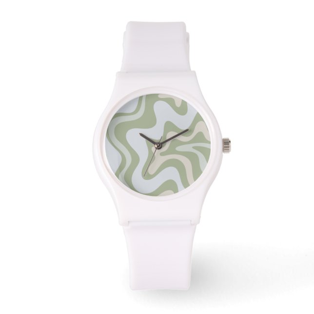 Retro Liquid Swirl Abstraktes Muster in Sage Green Armbanduhr (Vorderseite)