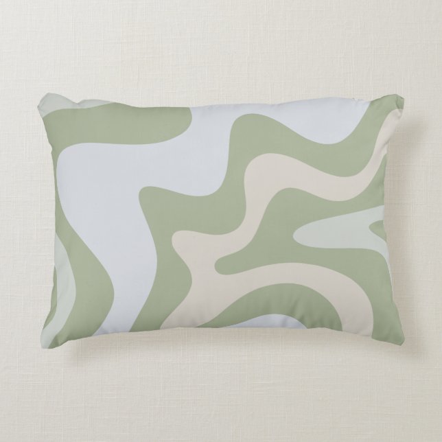 Retro Liquid Swirl Abstraktes Muster in Sage Green Dekokissen (Vorderseite)