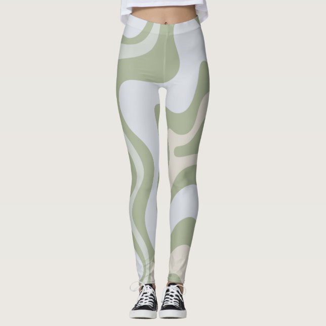 Retro Liquid Swirl Abstraktes Muster in Sage Green Leggings (Vorderseite)