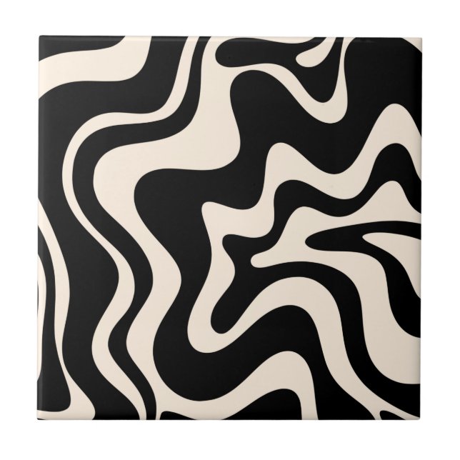 Retro Liquid Swirl Abstraktes Muster Schwarze Crem Fliese (Vorderseite)