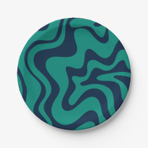 Retro Liquid Swirl Groovy Abstrakt blau und Aquama Pappteller