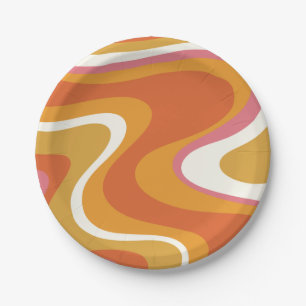 Retro Liquid Wirbel Muster in Orange Pink Mustard Pappteller