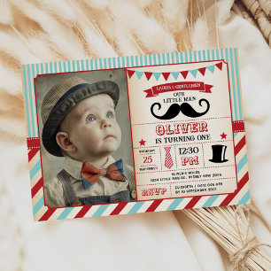 Retro Little Man Mustache 1. Geburtstags-Foto Einladung